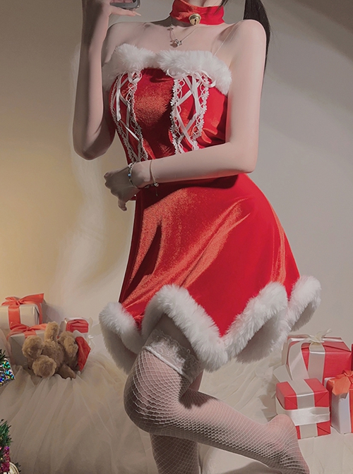 Christmas Uniform Plush Stitching Red Velvet Princess Style Backless Dress Sexy Lingerie Set