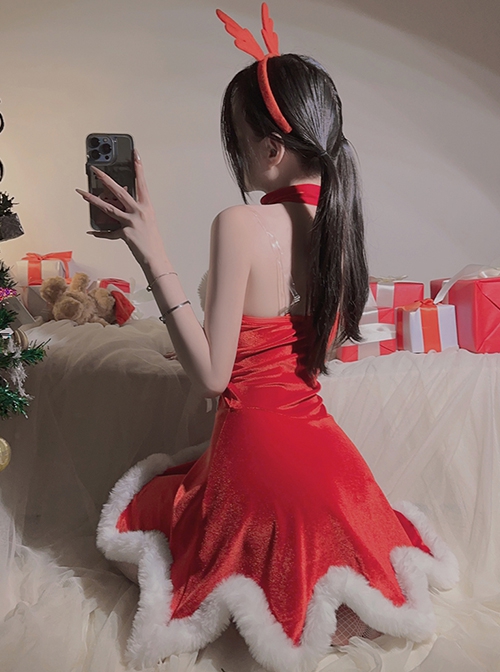 Christmas Uniform Plush Stitching Red Velvet Princess Style Backless Dress Sexy Lingerie Set