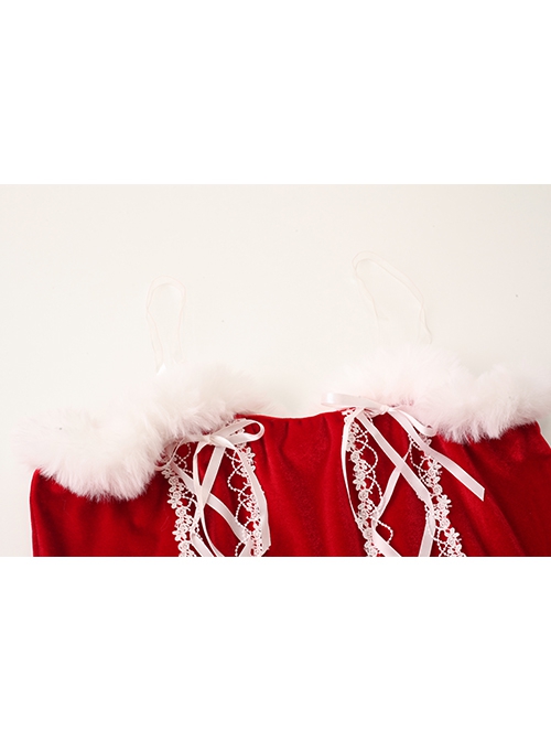 Christmas Uniform Plush Stitching Red Velvet Princess Style Backless Dress Sexy Lingerie Set