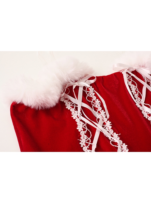 Christmas Uniform Plush Stitching Red Velvet Princess Style Backless Dress Sexy Lingerie Set