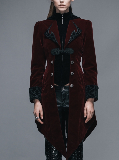 Gothic Embroidered Black Collar Fake Two Pieces Red Velveteen Dovetail Lady Coat