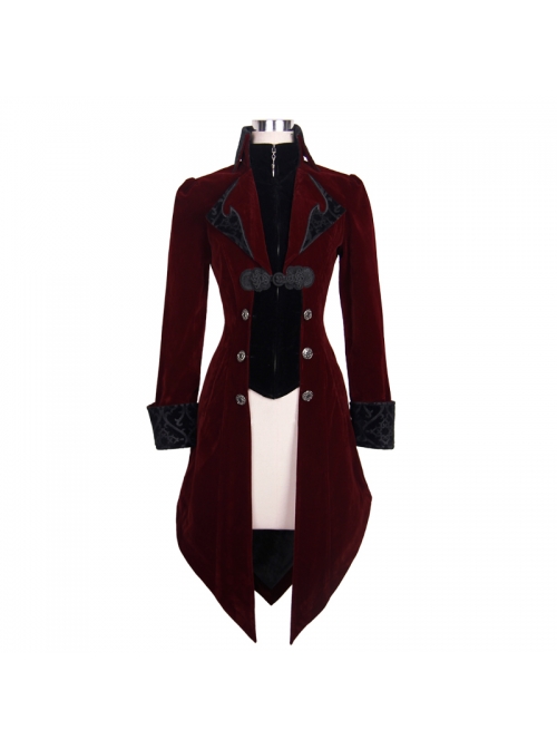 Gothic Embroidered Black Collar Fake Two Pieces Red Velveteen Dovetail Lady Coat