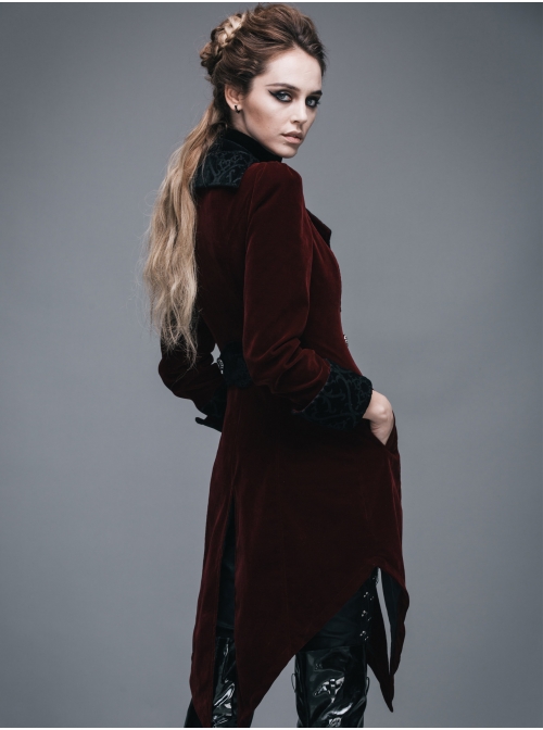 Gothic Embroidered Black Collar Fake Two Pieces Red Velveteen Dovetail Lady Coat