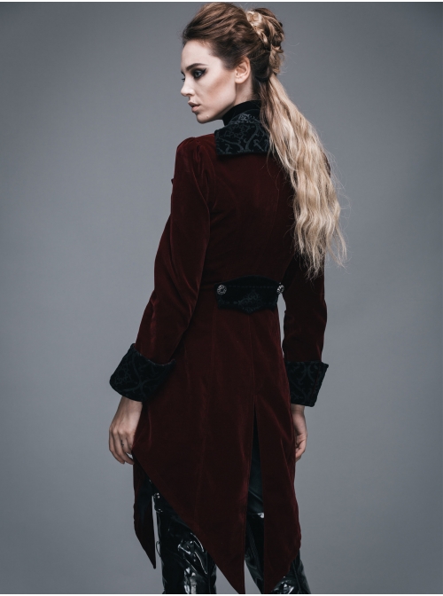 Gothic Embroidered Black Collar Fake Two Pieces Red Velveteen Dovetail Lady Coat