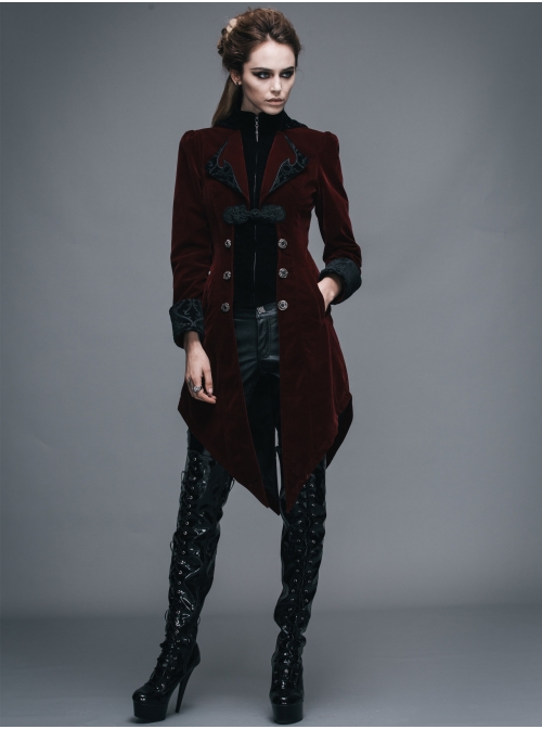 Gothic Embroidered Black Collar Fake Two Pieces Red Velveteen Dovetail Lady Coat
