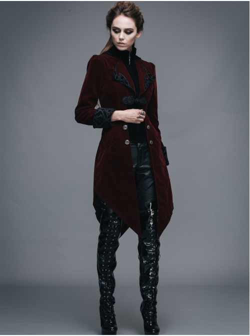 Gothic Embroidered Black Collar Fake Two Pieces Red Velveteen Dovetail Lady Coat