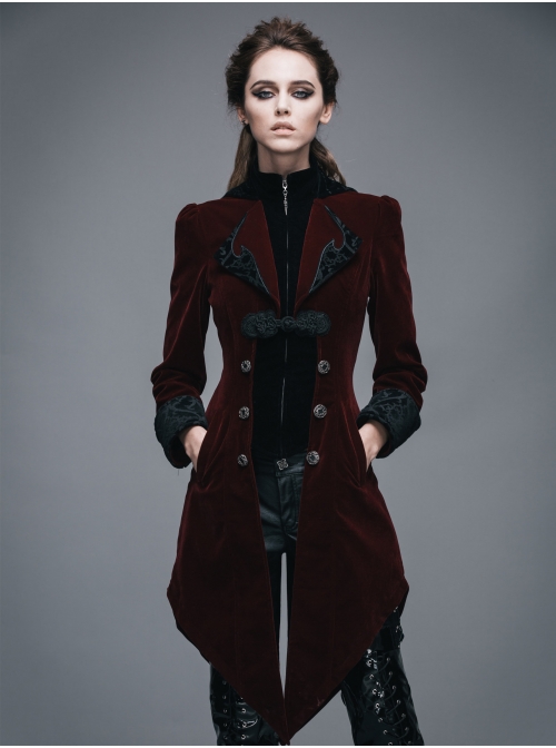 Gothic Embroidered Black Collar Fake Two Pieces Red Velveteen Dovetail Lady Coat