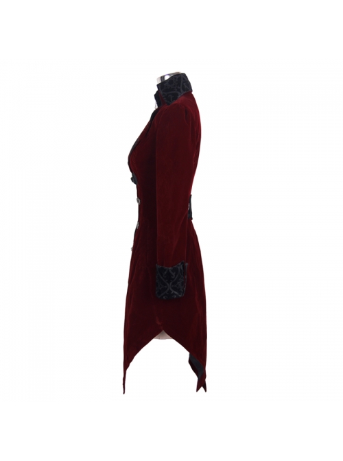 Gothic Embroidered Black Collar Fake Two Pieces Red Velveteen Dovetail Lady Coat