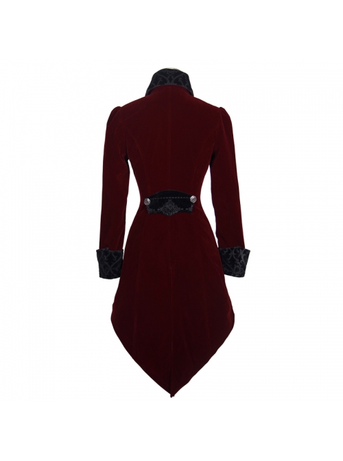 Gothic Embroidered Black Collar Fake Two Pieces Red Velveteen Dovetail Lady Coat