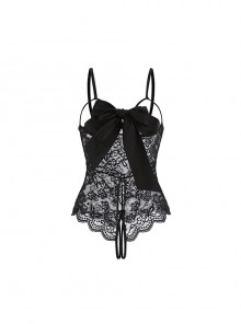 Hollow Chest Sweet Lace-up Bow See-Through Lace Open Crotch Jumpsuit Sexy Lingerie