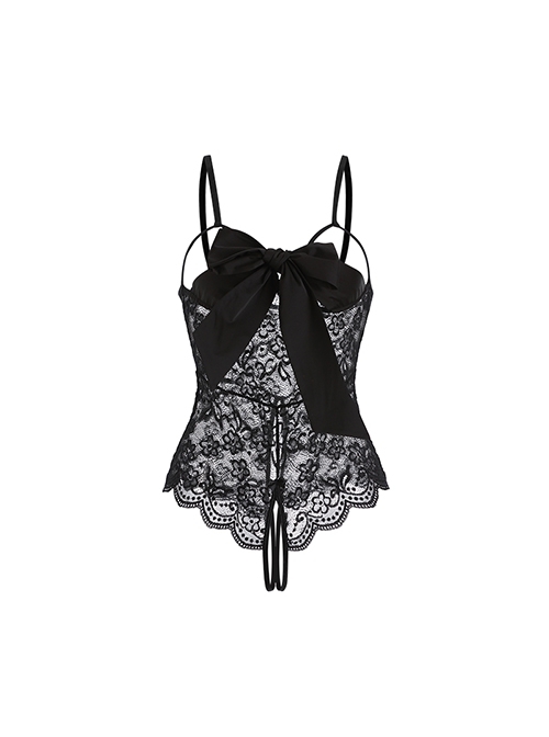 Hollow Chest Sweet Lace-up Bow See-Through Lace Open Crotch Jumpsuit Sexy Lingerie