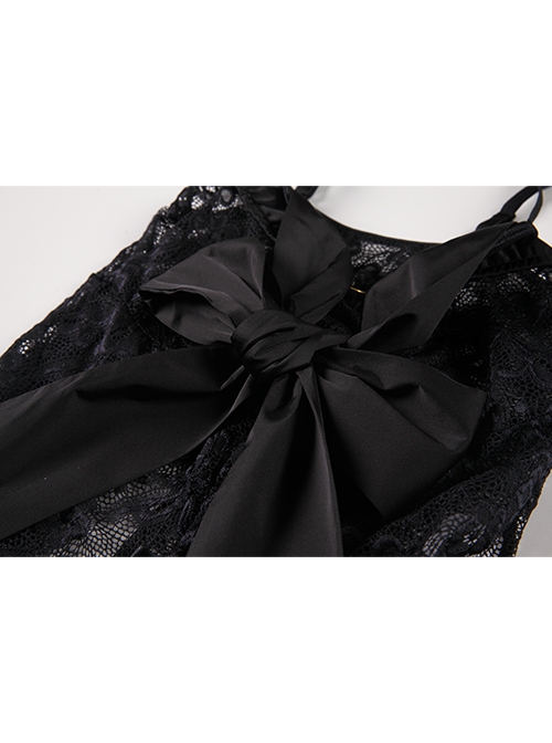 Hollow Chest Sweet Lace-up Bow See-Through Lace Open Crotch Jumpsuit Sexy Lingerie