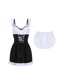 Black White Backless Temptation Cute Maid Style Flying Sleeves Suspender Nightdress With Apron Sexy Lingerie Set
