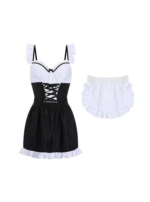 Black White Backless Temptation Cute Maid Style Flying Sleeves Suspender Nightdress With Apron Sexy Lingerie Set