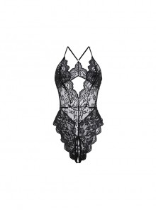 Elegant Chest Bow Deep V See-through Lace Backless Slim Open Crotch Jumpsuit Sexy Lingerie