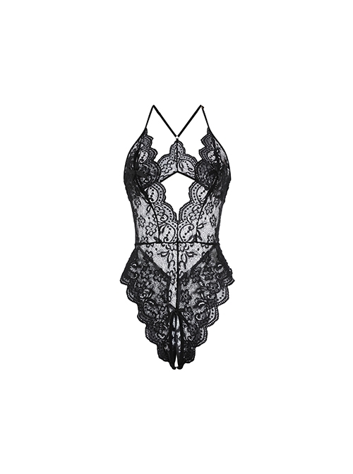 Elegant Chest Bow Deep V See-through Lace Backless Slim Open Crotch Jumpsuit Sexy Lingerie