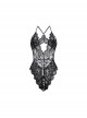 Elegant Chest Bow Deep V See-through Lace Backless Slim Open Crotch Jumpsuit Sexy Lingerie