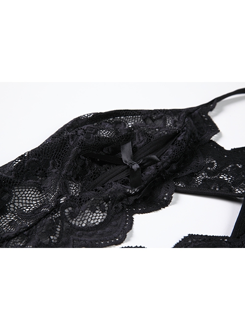Elegant Chest Bow Deep V See-through Lace Backless Slim Open Crotch Jumpsuit Sexy Lingerie
