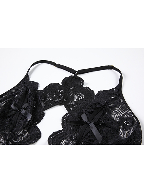 Elegant Chest Bow Deep V See-through Lace Backless Slim Open Crotch Jumpsuit Sexy Lingerie