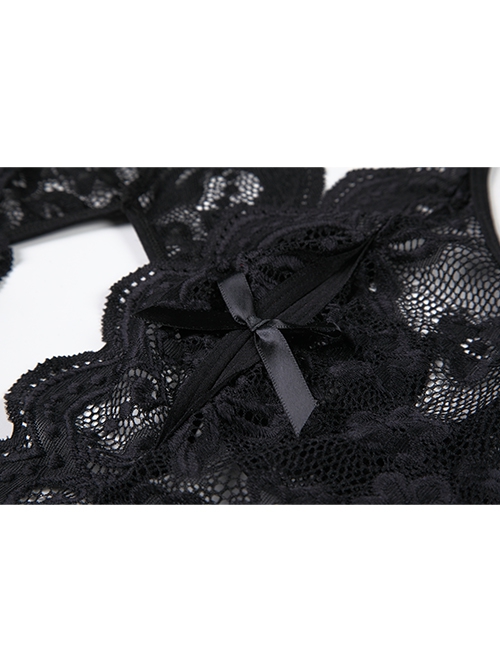 Elegant Chest Bow Deep V See-through Lace Backless Slim Open Crotch Jumpsuit Sexy Lingerie