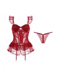 See-Through Mesh Yarn Lace Steel Ring Gathered With Chest Pads Fluffy Hem Flying Sleeves Suspenders Sexy Lingerie Set
