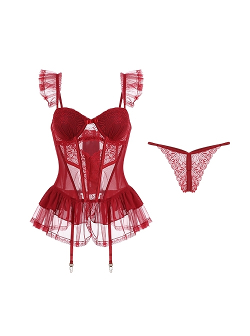 See-Through Mesh Yarn Lace Steel Ring Gathered With Chest Pads Fluffy Hem Flying Sleeves Suspenders Sexy Lingerie Set
