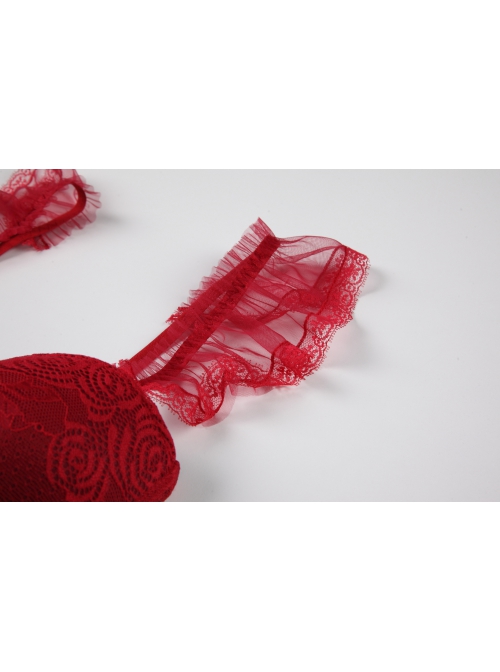 See-Through Mesh Yarn Lace Steel Ring Gathered With Chest Pads Fluffy Hem Flying Sleeves Suspenders Sexy Lingerie Set