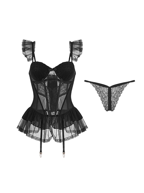 Black See-Through Mesh Yarn Rose Lace Steel Ring With Chest Pads Fluffy Hem Suspenders Plus Size Sexy Lingerie Set