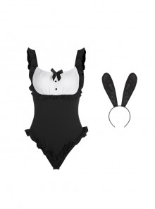 Sweet Bow Maid Style Flying Sleeves Backless Bunny Girl Ruffles Jumpsuit Plus Size Sexy Lingerie Set