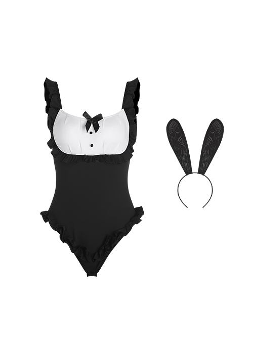 Sweet Bow Maid Style Flying Sleeves Backless Bunny Girl Ruffles Jumpsuit Plus Size Sexy Lingerie Set