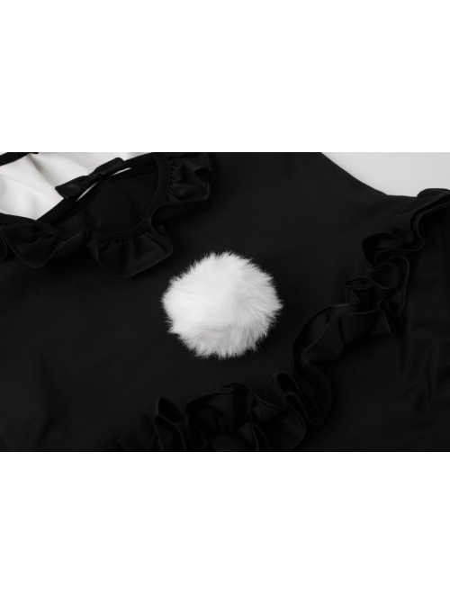 Sweet Bow Maid Style Flying Sleeves Backless Bunny Girl Ruffles Jumpsuit Plus Size Sexy Lingerie Set