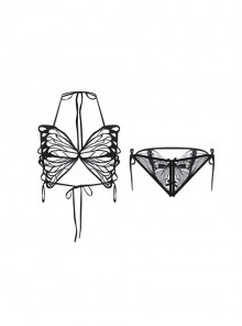 See-through Mesh Yarn Halter Neck Romantic Butterfly Open Crotch Three-point Sexy Lingerie Set