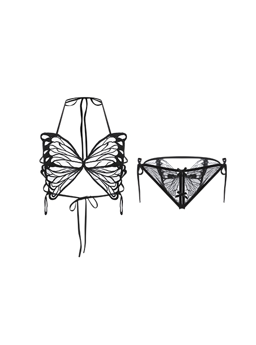 See-through Mesh Yarn Halter Neck Romantic Butterfly Open Crotch Three-point Sexy Lingerie Set