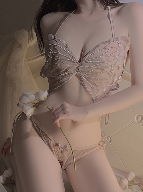 See-through Mesh Yarn Halter Neck Romantic Butterfly Open Crotch Three-point Sexy Lingerie Set