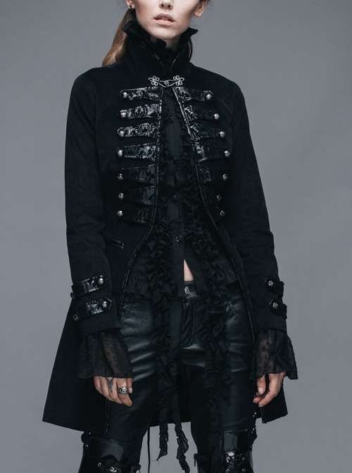 Black Gothic Patterned Hook Clasp Flocking Patterned Leather Loops Stand Collar Poncho Women Velveteen Coat