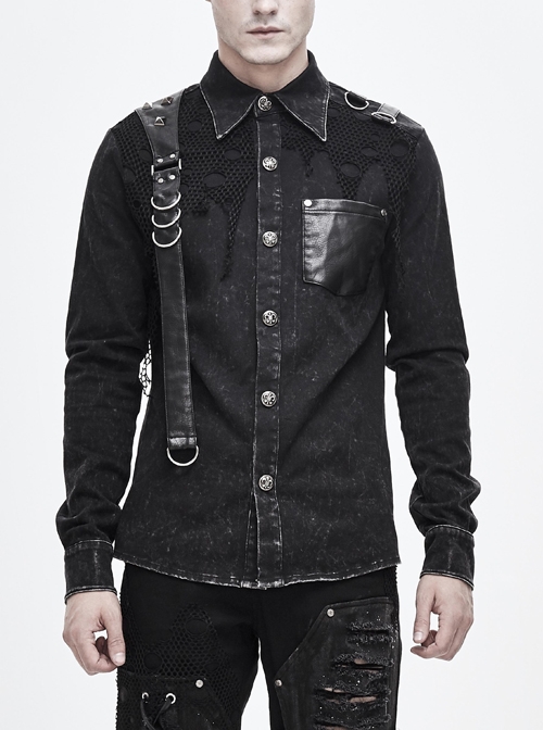 Asymmetric Left Shoulder Loop Mesh Rivet Snap Button Black Punk Shirts