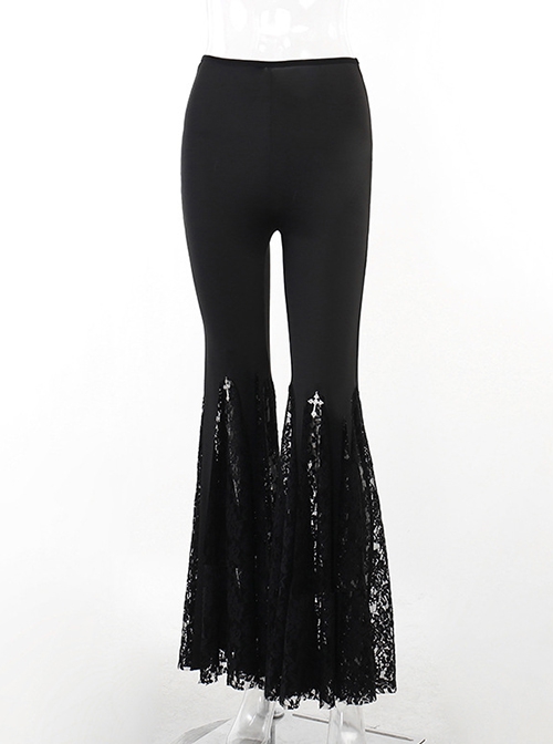 Black High Waist Slim Fit Lace Hollow Hem With Cross Decoration Punk Style Flared Trousers