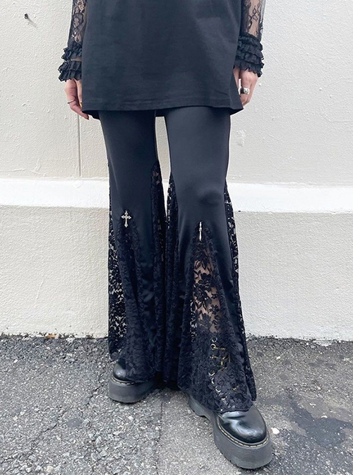 Black High Waist Slim Fit Lace Hollow Hem With Cross Decoration Punk Style Flared Trousers
