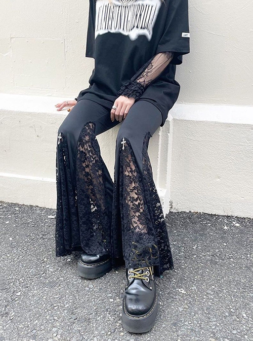 Black High Waist Slim Fit Lace Hollow Hem With Cross Decoration Punk Style Flared Trousers