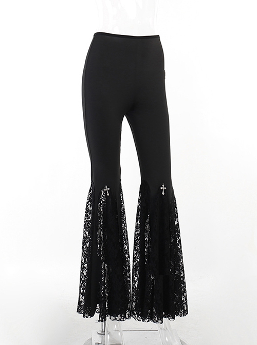 Black High Waist Slim Fit Lace Hollow Hem With Cross Decoration Punk Style Flared Trousers