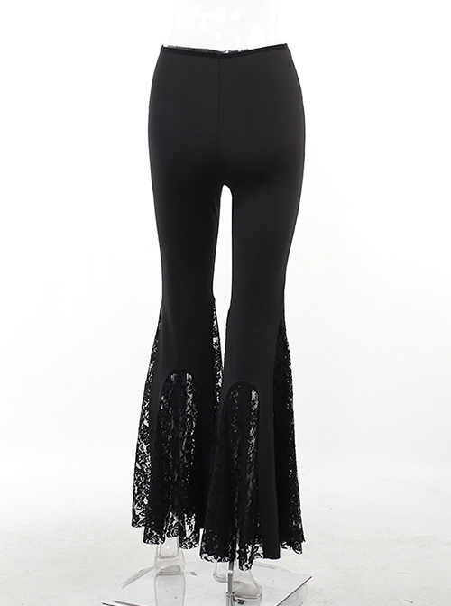 Black High Waist Slim Fit Lace Hollow Hem With Cross Decoration Punk Style Flared Trousers