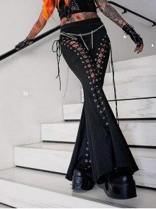 Personalized Black Polyester Front Center Hollow Eyelet Straps Decorated Punk Style Flared Trousers