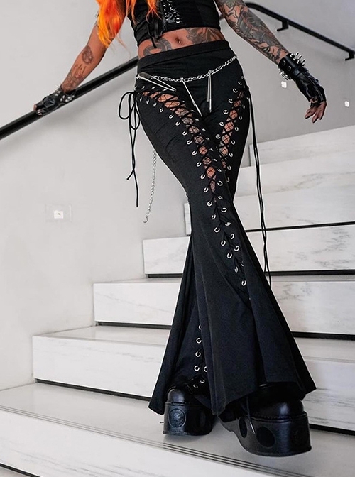 Personalized Black Polyester Front Center Hollow Eyelet Straps Decorated Punk Style Flared Trousers