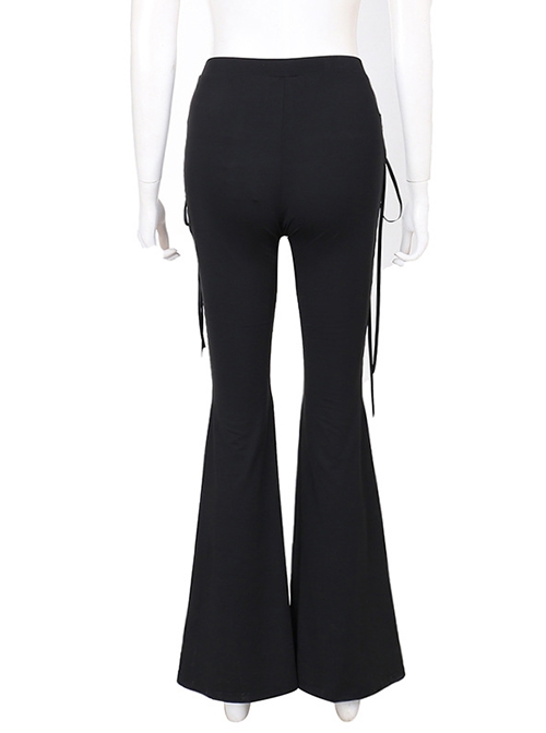 Personalized Black Polyester Front Center Hollow Eyelet Straps Decorated Punk Style Flared Trousers