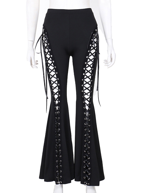 Personalized Black Polyester Front Center Hollow Eyelet Straps Decorated Punk Style Flared Trousers