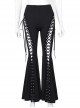 Personalized Black Polyester Front Center Hollow Eyelet Straps Decorated Punk Style Flared Trousers