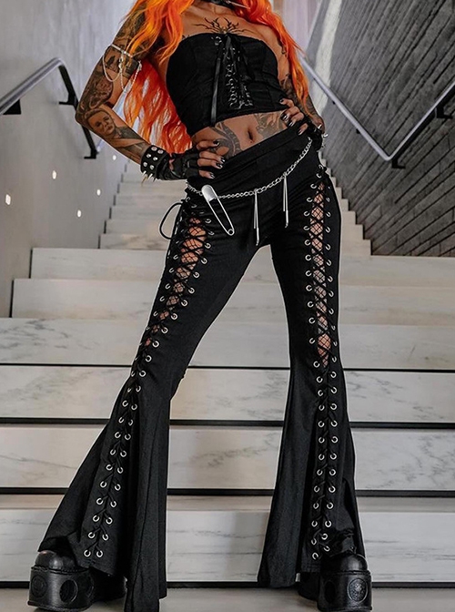 Personalized Black Polyester Front Center Hollow Eyelet Straps Decorated Punk Style Flared Trousers