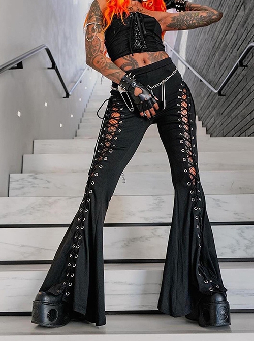 Personalized Black Polyester Front Center Hollow Eyelet Straps Decorated Punk Style Flared Trousers