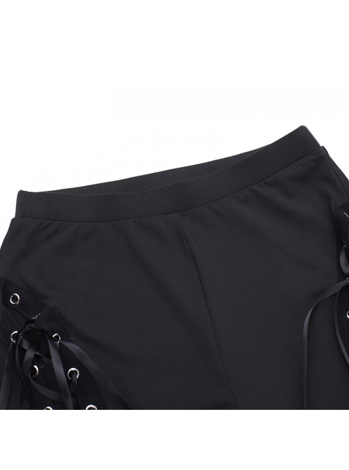 Personalized Black Polyester Front Center Hollow Eyelet Straps Decorated Punk Style Flared Trousers