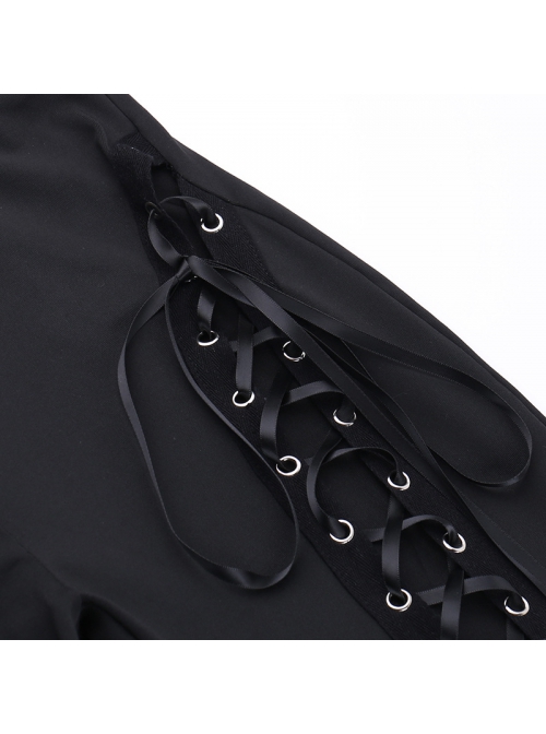 Personalized Black Polyester Front Center Hollow Eyelet Straps Decorated Punk Style Flared Trousers